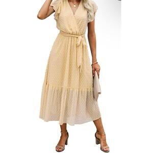 NWOT BTFBM Light Yellow Swiss Dot Bohemian Casual Wrap V Neck Midi Dress Small
